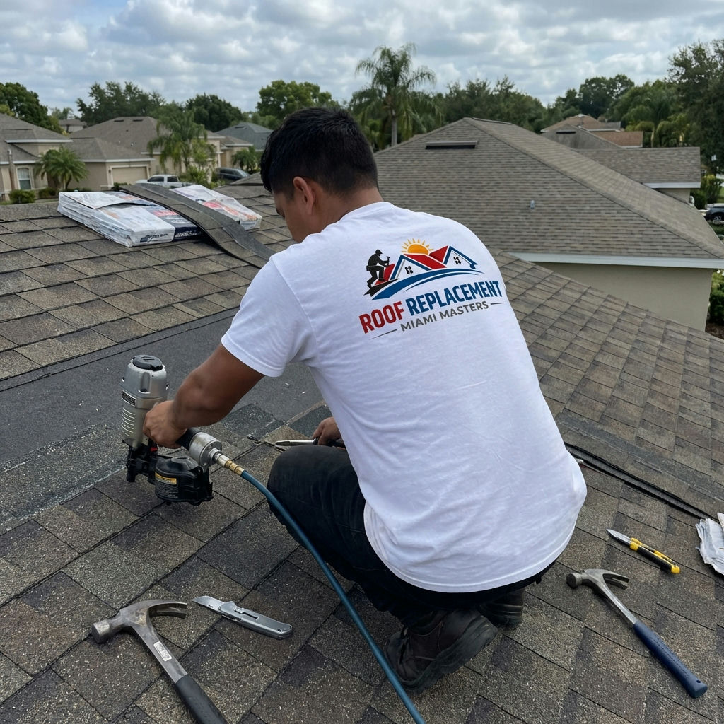 Roof Replacement Miami Masters professional installing roof shingles